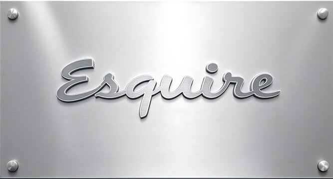 Elegant brushed metal plaque displays iconic Esquire logo with sophisticated lighting