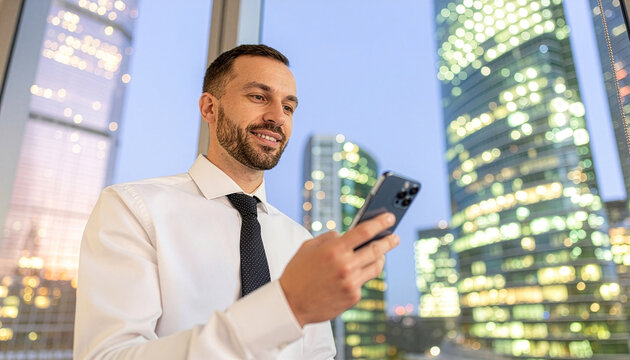 Smiling businessman using smartphone at night near window with city skyscrapers and bright lights