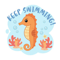 Cute cartoon seahorse with the words 