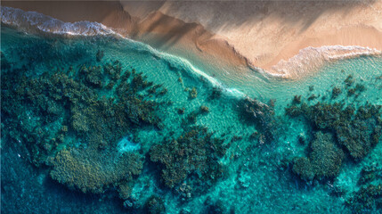 Obraz premium Aerial view showing coral reef and sandy beach