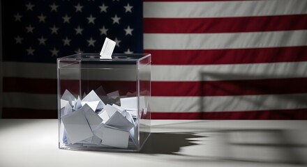A transparent ballot box filled with votes stands in front of a softly lit American flag.