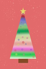 Illustration of a colorful Christmas tree with a star on top. Snow is falling, giving it a festive and cheerful look