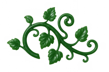 Green plastic vine pattern with leaves and tendrils, a decorative ornamental design element on transparent background