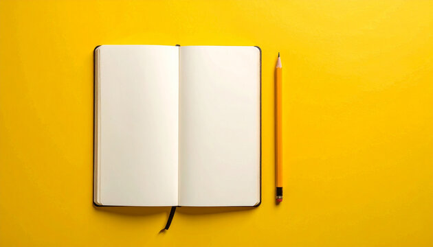 Open notebook with blank pages and pencil on yellow surface, layout for design presentation. Mock-up