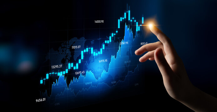 A hand interacts with a digital screen displaying glowing stock market graphics and analytics, illustrating trends and growth in modern finance. Scalp