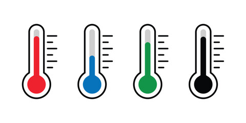 Four Thermometer Icons with Red Blue Green and Black Liquid Isolated On Transparent Background
