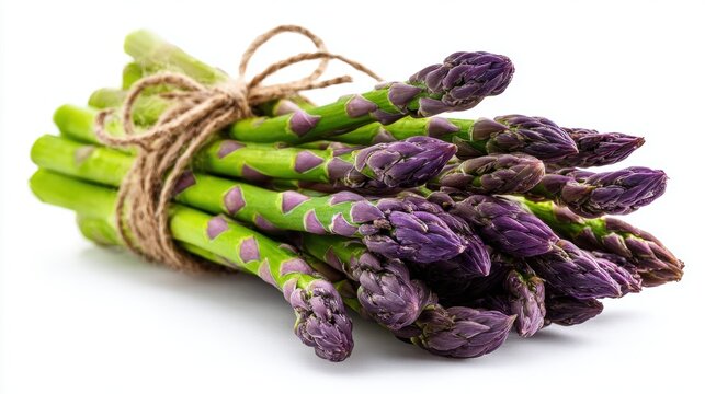 Bundle of fresh purple asparagus spears tied with twine on white background, showcasing organic spring vegetable for healthy cooking and nutrition