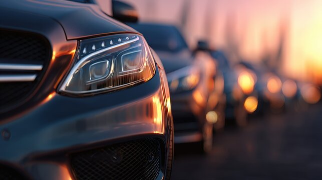 Luxury car headlights with a blurred background at sunset