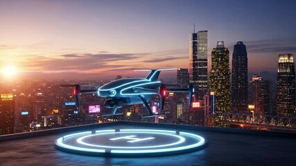 Futuristic drone landing on illuminated helipad overlooking neon city skyline at sunset aerial perspective advanced technology concept - Powered by Adobe
