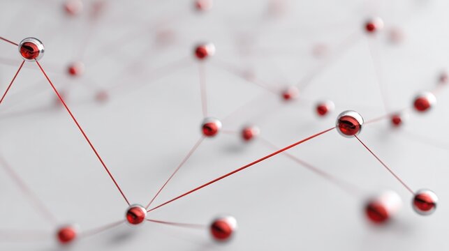 Abstract network of red lines and spheres on a white background