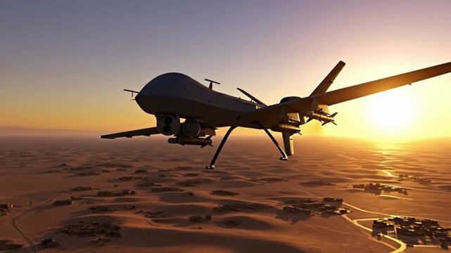 Military drone with missiles flies over desert village at sunset aerial view surveillance mission unmanned aerial vehicle