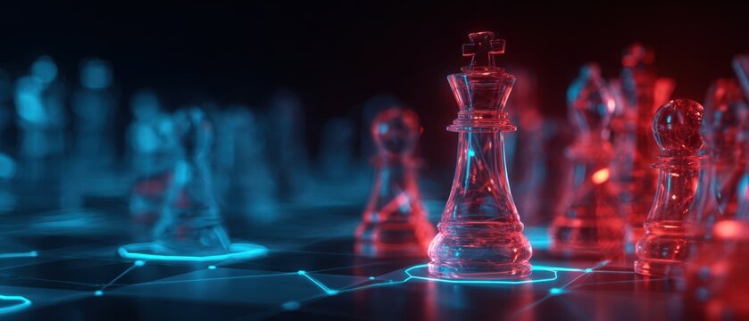 Abstract chess pieces with neon lighting on a dark background