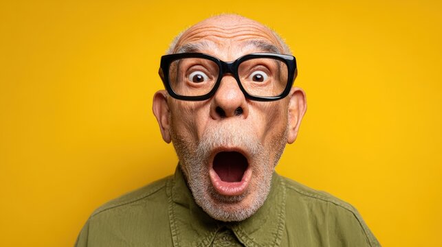 Surprised senior man with glasses and open mouth on a yellow background - Powered by Adobe