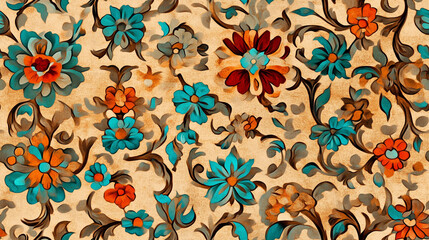 Vintage floral pattern with vibrant blue and orange flowers on beige background