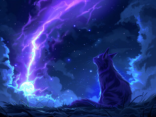 Mystical night sky with lightning and cat, dreamy fantasy art for imaginative designs