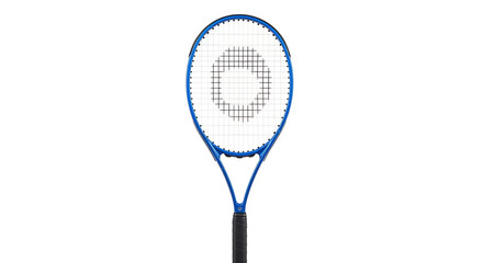 A centered view of a blue tennis racket with a black handle on a white background in a studio shot ai generated
