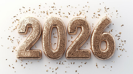 Big numbers 2026 with glittering gold confetti on white background.  Bright New Year banner