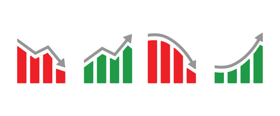 Four Bar Graph Icons with Red and Green Colors On Transparent Background