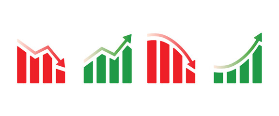 Four Bar Graph Icons with Gradient Arrows Isolated On Transparent Background