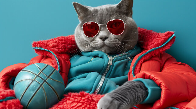 Cool cat in red sunglasses and jacket with blue ball, chill vibes concept