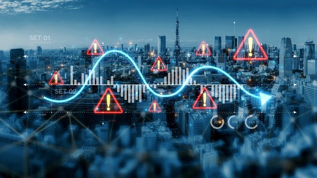 Economic caution visual showing risk alerts and financial volatility. Warning signs highlight economic downturn, market risk, finance crisis, and uncertainty in data-driven analysis. Muxer
