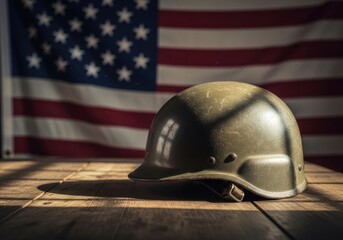  Military Helmet on Wooden Table with American Flag
