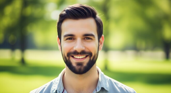A smiling man with a beard and dark hair looking directly at the camera in a bright outdoor setting with a green background.