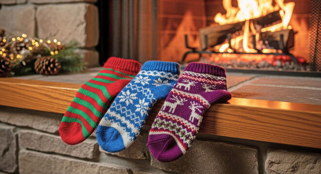 Cozy winter socks with Christmas patterns near fireplace indoors - Powered by Adobe