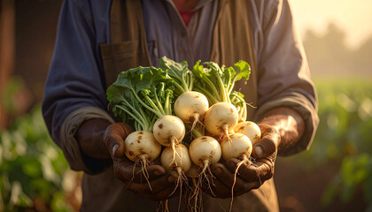 farmer's hands holding turnips in the field