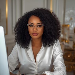 Elegant Brown Businesswoman at Office Desk
