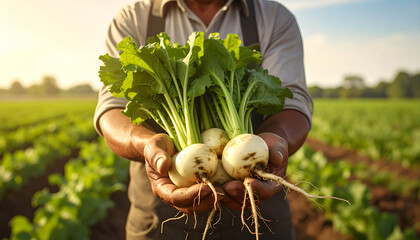 farmer's hands holding turnips in the field