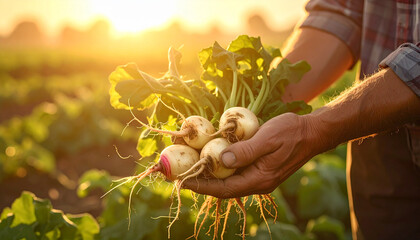 farmer's hands holding turnips in the field
