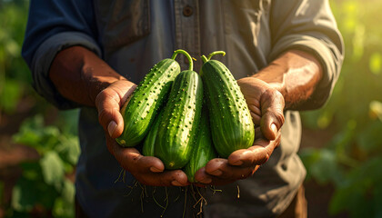 farmer's hands holding cucumbers in the field