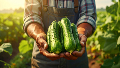 farmer's hands holding cucumbers in the field
