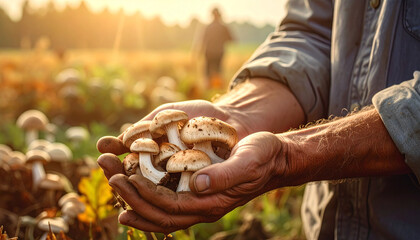 farmer's hands holding mushrooms in the field