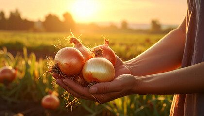 farmer's hands holding onions in the field