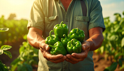 farmer's hands holding bell peppers in the field