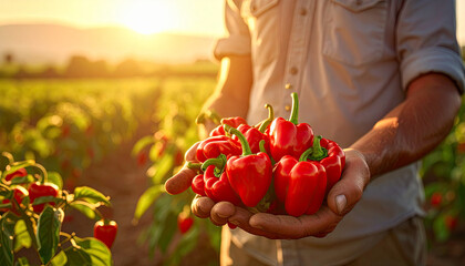 farmer's hands holding bell peppers in the field