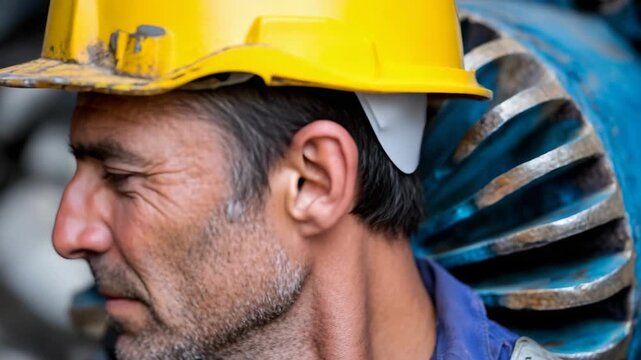 Headshot of worker wearing hard hat with earplugs installed, the worker is working with industry machinery and metal. Portrait worker conveys industrial environment.