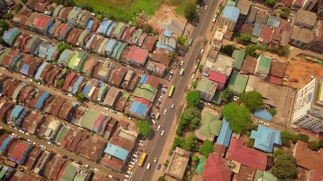  Futuristic aerial view panorama of developing Yangon city , Aerial view of Sule pagoda in downtown, Yangon, Myanmar. Sule Pagoda located in the heart of Yangon, Karaweik royal barge, Kandawgyi Lake, 