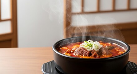 Steaming, savory meat stew with green onions, served in a traditional bowl on a wooden table in a cozy Japanese setting, ready for a comforting and authentic meal