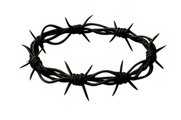 Barbed wire crown of thorns forming an ancient religious symbol of crucifixion, sacrifice, and suffering on transparent background