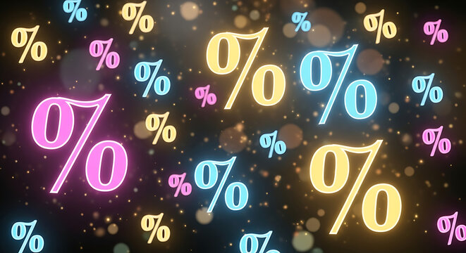 Abstract composition of floating percent signs (%) and glowing lights, symbolizing discounts and promotions