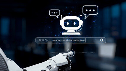 A close-up view of a robotic hand poised to interact with a digital search bar, illustrating the blend of technology and user engagement in modern communication systems. Synapse