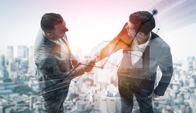 Two business partners engage in a handshake against a vibrant city backdrop and financial chart, symbolizing teamwork and growth in the corporate world. Scalp