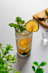Mandarin Lime Spearmint Mojito Surrounded by Blurred Green Foliage