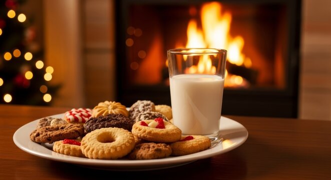 Christmas Cookies and Milk by the Fireplace