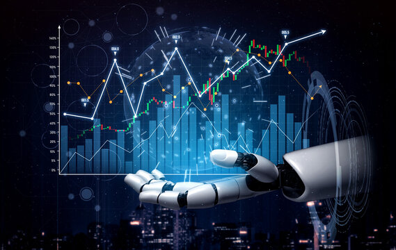 A futuristic robotic hand showcases stock market data with vibrant graphs and chart elements, representing advanced technology in finance and investment analysis. Scalp