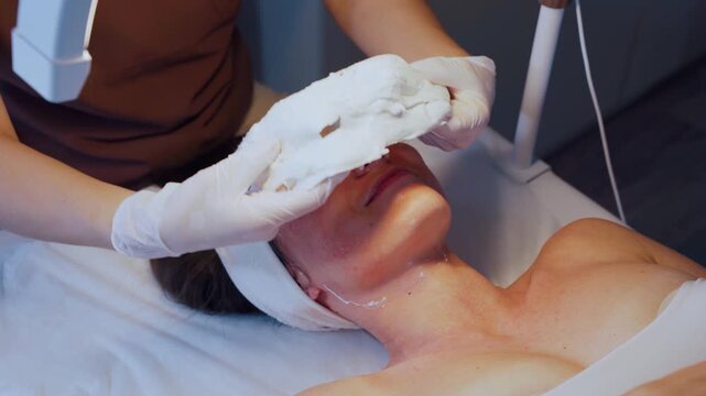 Full alginate mask covers caucasian woman's face during clinic facial treatment, aesthetician in gloves removes thick white mask for deep hydration and skin rejuvenation in modern spa setting 