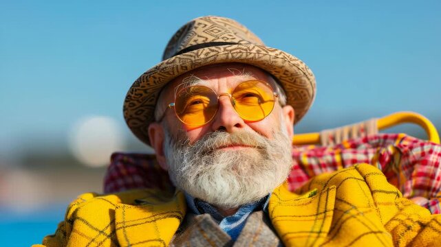 Stylish elderly man with beard wearing hat and sunglasses relaxing outdoors enjoying bright sunny day